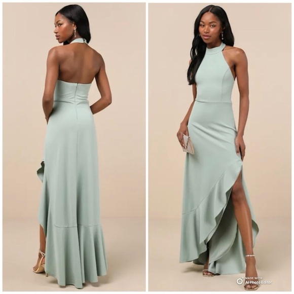 Lulus Dresses & Skirts - Lulus Small Majestic Perfection Sage Green Ruffled Halter Maxi Dress NWT